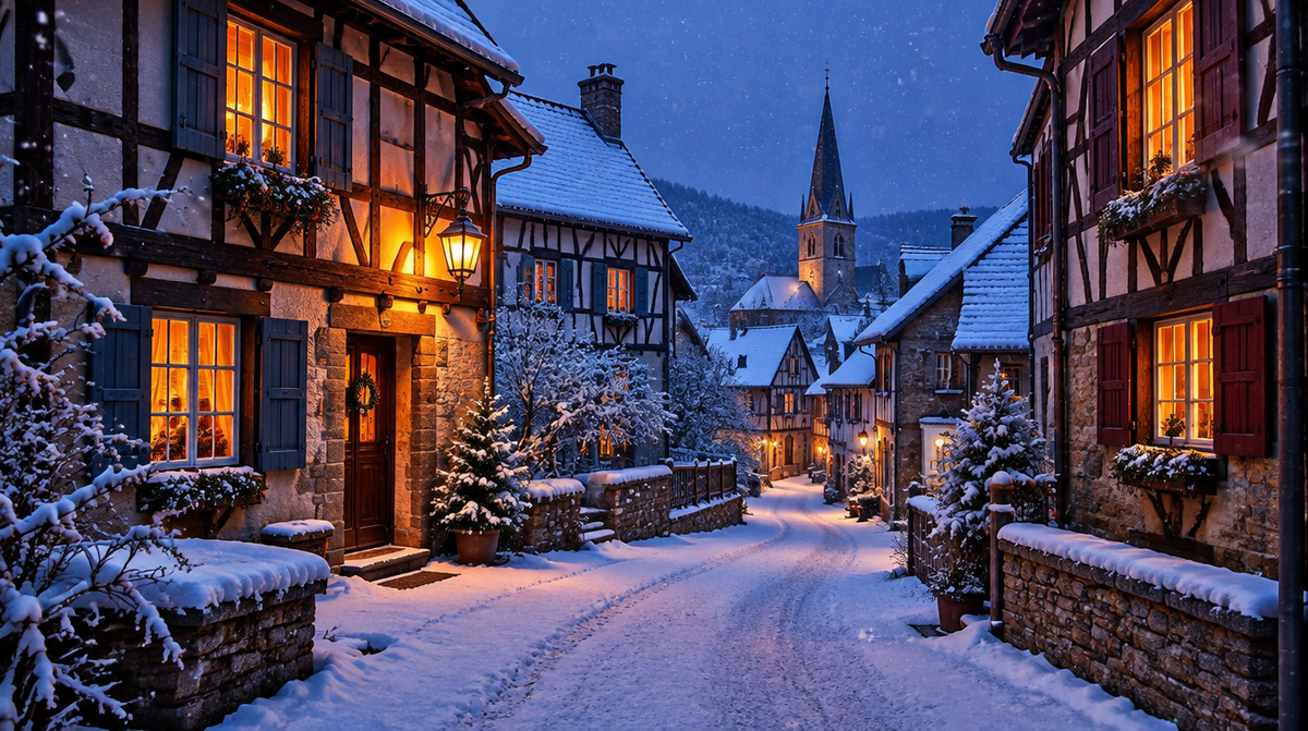 Rue de village enneigée à la tombée de la nuit