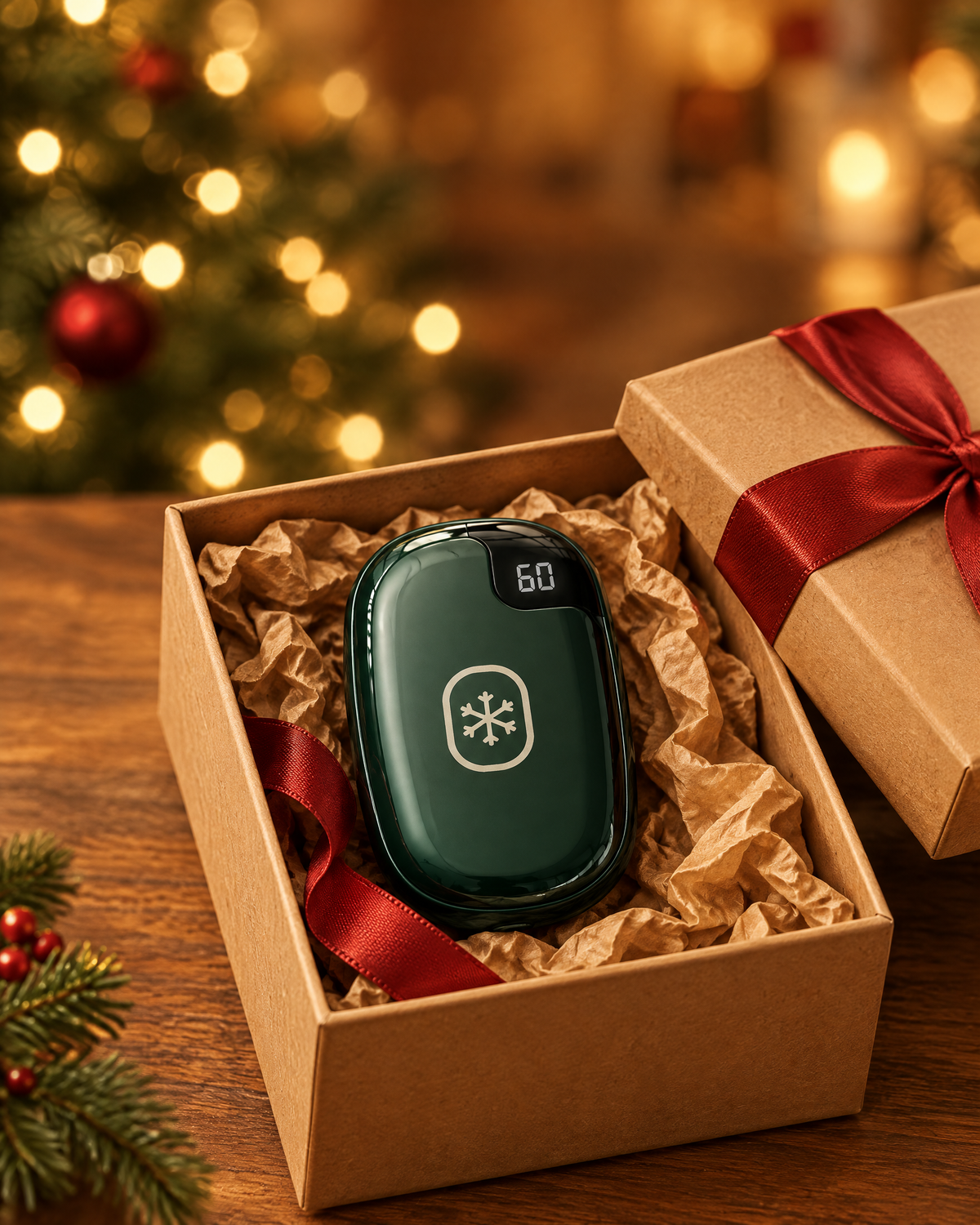 Chauffe-mains vert sapin dans une boîte cadeau pour Noël